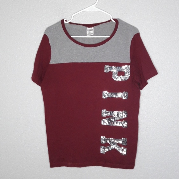 PINK Victoria's Secret Tops - Victoria Secret Pink Maroon & Gray Sparkle Tee